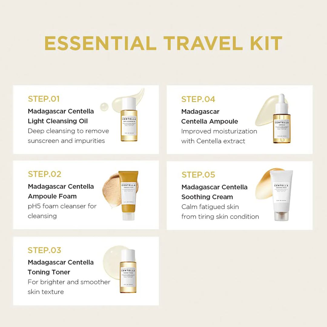 Skin1004 Madagascar Cenella 5 Products Travel Kit (Cleansing Oil + Foam + Toner + Ampoule + Cream)